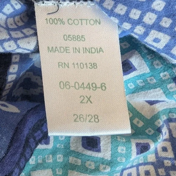 Blue White Print Cotton Empire Waist Babydoll Dress Sz 2X 26/28 Resortwear Boho - Picture 8 of 8